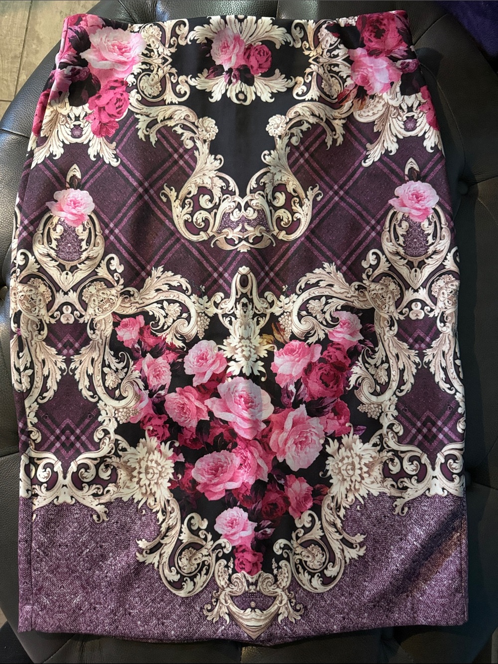 ECI Floral Baroque Pencil Skirt in Black, Pink, Cream